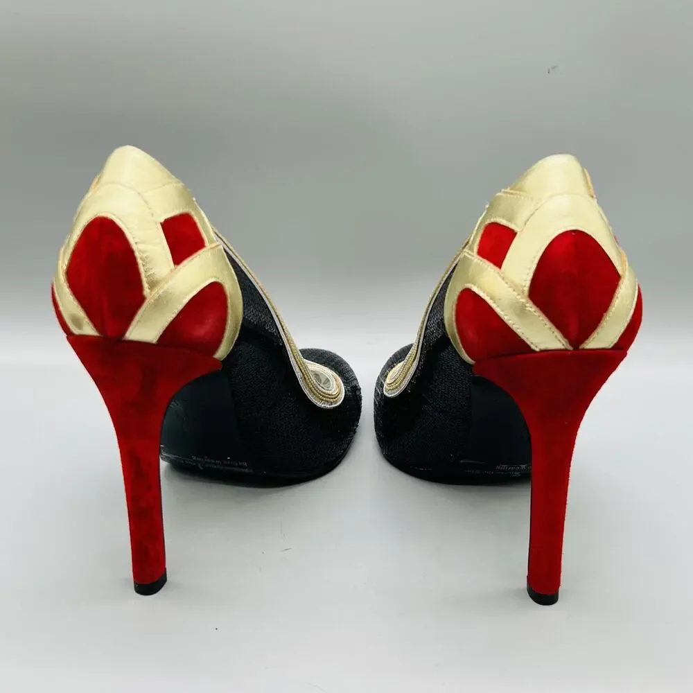 Oh Deer Shoes Women 10 Black Red Gold Sequin Ginger Stiletto Heel Pump Round Toe
